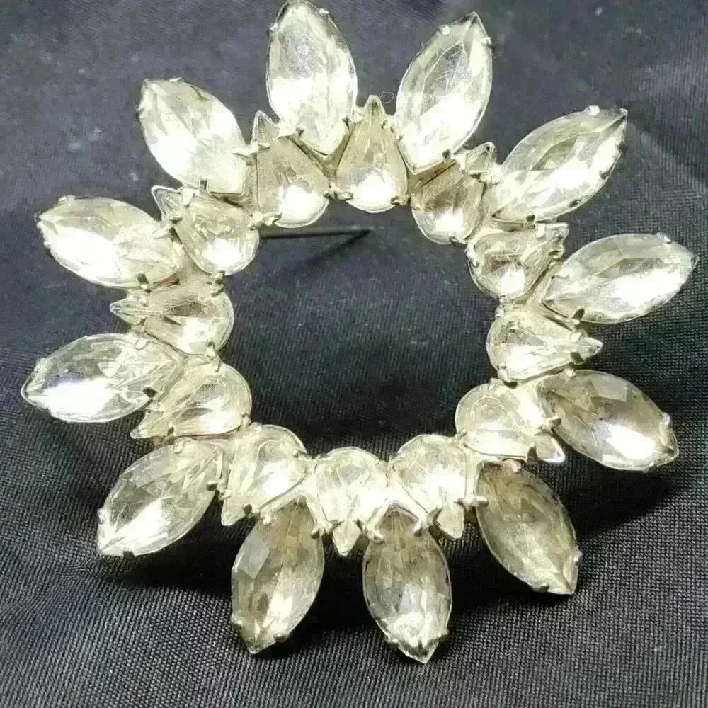 Vintage Brooch Rhinestone Circle Flower Navette & Pear Stones Large